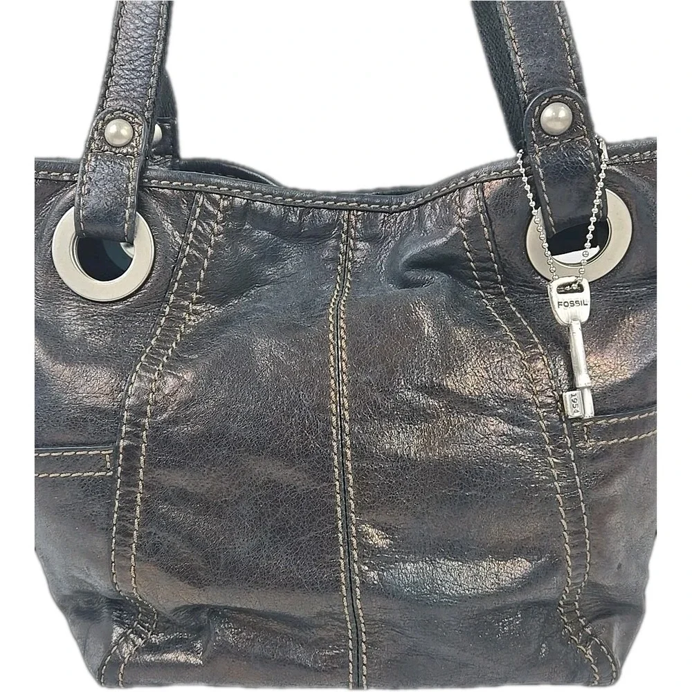Fossil Hathaway Black Glazed Leather Double Shoulder Strap Satchel Vtg 80s
